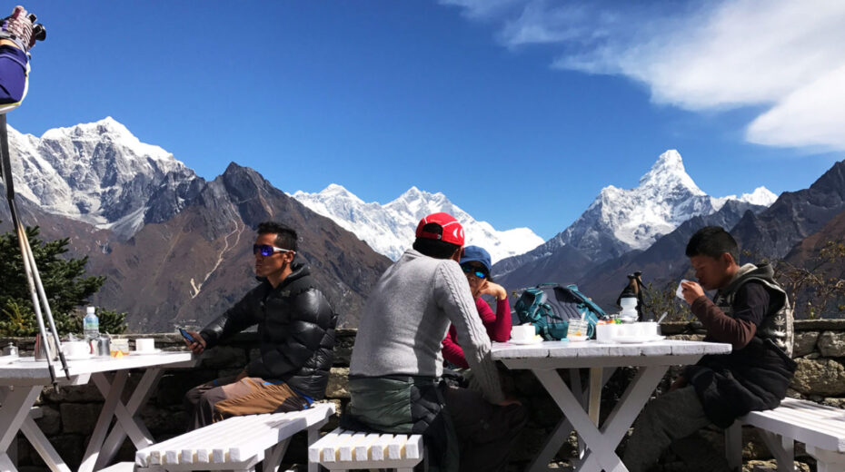 Trekkers enjoying mountain view from Everest Hotel