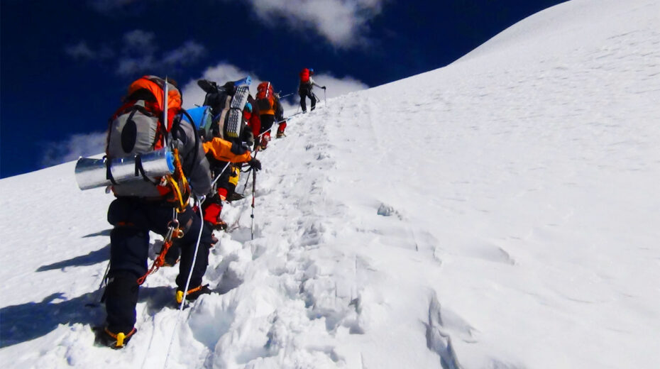 Climbers are on the way to Island Peak summit